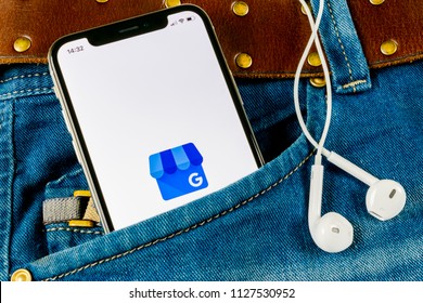Sankt-Petersburg, Russia, April 14, 2018: Google My Business Application Icon On Apple IPhone X Screen In Jeans Pocket. Google My Bysiness Icon. Google My Business Application. Social Media Network