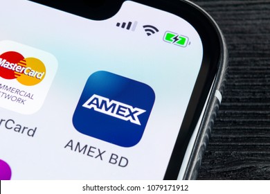 Sankt-Petersburg, Russia, April 27, 2018: Amex Application Icon On Apple IPhone X Smartphone Screen Close-up. Amex App Icon. American Express Is An Online Electronic Finance Payment System.