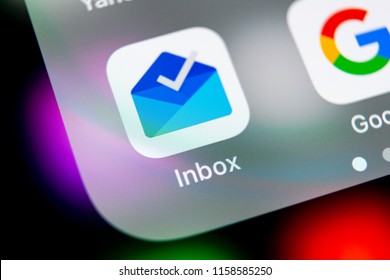 Sankt-Petersburg, Russia, August 16, 2018: Google inbox by Gmail application icon on Apple iPhone X smartphone screen close-up. Google inbox app icon. Social network. Social media icon