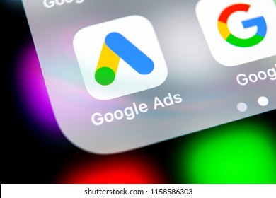 Sankt-Petersburg, Russia, August 16, 2018: Google Ads AdWords application icon on Apple iPhone X screen close-up. Google Ad Words icon. Google ads Adwords application. Social media network
