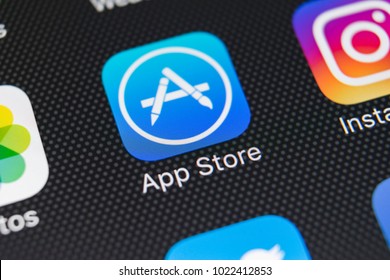 Sankt-Petersburg, Russia, February 11, 2018: Apple Store Application Icon On Apple IPhone X Smartphone Screen Close-up. Mobile Application Icon Of App Store. Social Media Network.