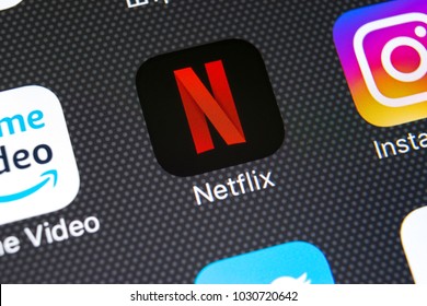 Sankt-Petersburg, Russia, February 22, 2018: Netflix application icon on Apple iPhone X screen close-up. Netflix app icon. Netflix application. Social media network