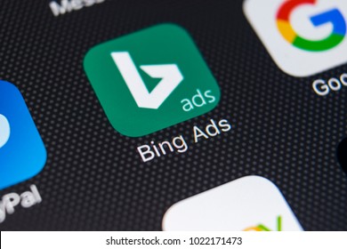 Sankt-Petersburg, Russia, February 9, 2018: Bing application icon on Apple iPhone X screen close-up. Bing ads app icon. Bing ads is online advertising application. Social media network.