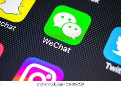 Sankt-Petersburg, Russia, February 9, 2018: Wechat messenger application icon on Apple iPhone X smartphone screen close-up. Wechat messenger app icon. Social media network.