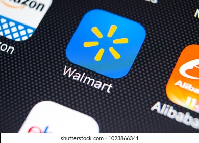Sankt-Petersburg, Russia, February 9, 2018: Walmart application icon on Apple iPhone X screen close-up. Walmart app icon. Walmart.com is multinational retailing corporation