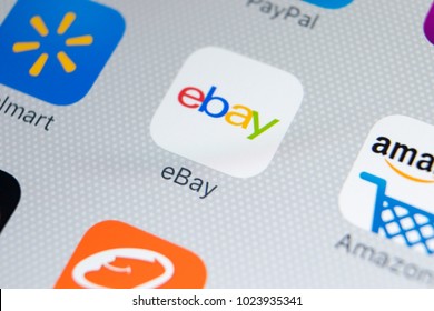 Sankt-Petersburg, Russia, February 9, 2018: eBay application icon on Apple iPhone X screen close-up. eBay app icon. eBay.com is largest online auction and shopping websites. 