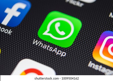 Sankt-Petersburg, Russia, January 24, 2018: WhatsApp messenger application icon on Apple iPhone 8 smartphone screen close-up. WhatsApp messenger app icon. Social media app. Social network
