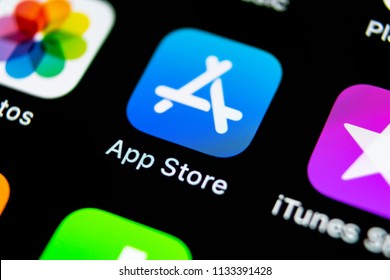 Sankt-Petersburg, Russia, July 11, 2018: Apple Store Application Icon On Apple IPhone X Smartphone Screen Close-up. Mobile Application Icon Of App Store. Social Network. AppStore