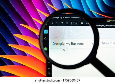 Sankt-Petersburg, Russia, June 16, 2020: Google My Business Homepage On Apple IMac Screen Under Magnifying Glass. Google My Business Icon. Google My Business Application. 