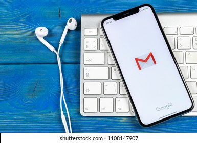 Sankt-Petersburg, Russia, June 2, 2018: Google Gmail application icon on Apple iPhone X smartphone screen close-up. Gmail app icon. Gmail is  popular Internet online e-mail. Social media icon  