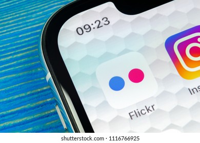 Sankt-Petersburg, Russia, June 20, 2018: Flickr application icon on Apple iPhone X smartphone screen close-up. Flickr app icon. Social media icon. Social network
