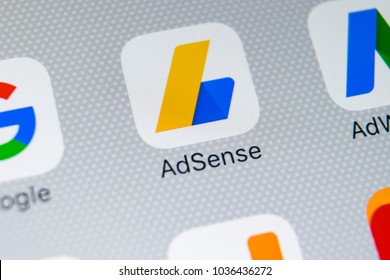 Sankt-Petersburg, Russia, March 1, 2018: Google AdSense application icon on Apple iPhone X screen close-up. Google AdSense app icon. Google AdSense application. Social media network