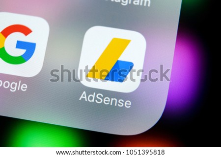 Sankt-Petersburg, Russia, March 21, 2018: Google AdSense application icon on Apple iPhone X screen close-up. Google AdSense app icon. Google AdSense application. Social media network