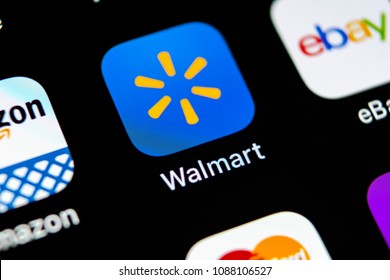 Sankt-Petersburg, Russia, May 10, 2018: Walmart application icon on Apple iPhone X screen close-up. Walmart app icon. Walmart.com is multinational retailing corporation