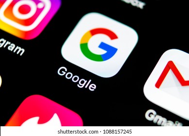 Sankt-Petersburg, Russia, May 10, 2018: Google search application icon on Apple iPhone X smartphone screen close-up. Google app icon. Social network. Social media icon