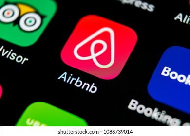 Sankt-Petersburg, Russia, May 10, 2018: Airbnb application icon on Apple iPhone X screen close-up. Airbnb app icon. Airbnb.com is online website for booking rooms. social media network.