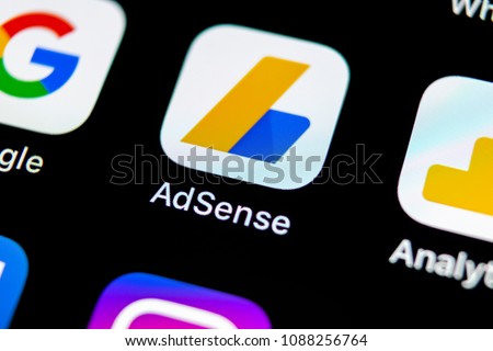 Sankt-Petersburg, Russia, May 10, 2018: Google AdSense application icon on Apple iPhone X screen close-up. Google AdSense app icon. Google AdSense application. Social media network