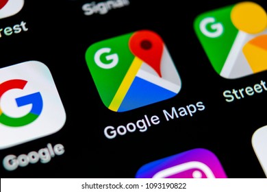 Sankt-Petersburg, Russia, May10, 2018: Google Maps application icon on Apple iPhone X screen close-up. Google Maps icon. Google maps application. Social media network