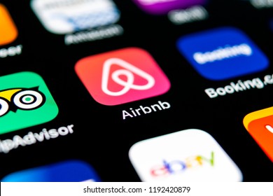Sankt-Petersburg, Russia, September 30, 2018: Airbnb application icon on Apple iPhone X screen close-up. Airbnb app icon. Airbnb.com is online website for booking rooms. social media network.