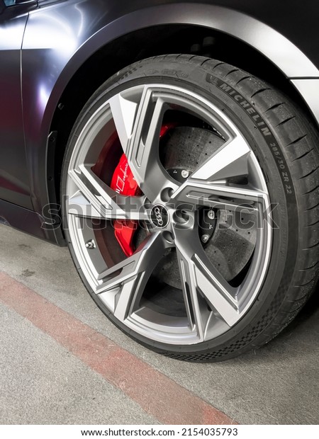 Sankt-Petersburg, Russia,May 7, 2022: Audi RS 6\
Avant exterior details. Tyre and alloy wheel. Carbon Ceramic\
brakes. Car exterior\
details