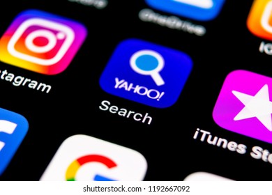 Sankt-Petersburg, September 30, 2018: Yahoo search application icon on Apple iPhone X smartphone screen close-up. Yahoo search app icon. Social network. Social media icon