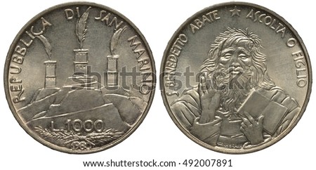 San-Marino coin one thousand lira 1980, three towers on mountains, feathers, St. Benedict with book, silver,