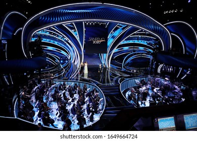 SANREMO, ITALY - FEBRUARY 04: View of the stage of the Ariston Theatre during the first evening of the 70th Sanremo Music Festival on February 04, 2020 in Sanremo, Italy.