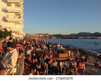 Sant Antoni De Portmany, Spain - June 1 2013: People Enjoying The Sunset At Café Del Mar In Ibiza