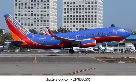 Santa Ana, CA- April 9 2022: A Southwest Boeing 737-700 taking off from John Wayne Airport. 