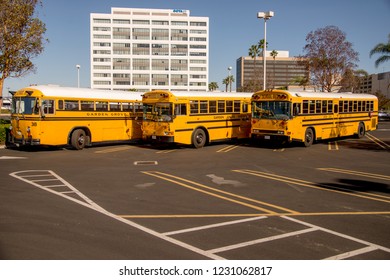 Santa Ana, CA - November 14, 2018. School Buses Lined Up In Preparation Of Picking Up Children From Field Trip