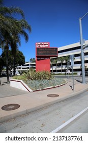 Santa Ana, California - USA - March 13-2022: Santa Ana Stadium Sign. Electronic Sign Outside The Santa Ana, California Stadium. 
Orange County California Event Stadium Electronic Sign. 