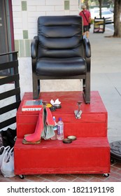 Santa Ana, California / USA - September 23-2020: Shoe Shine Stand. A Shoe Shine Station With A Chair And Cleaning And Shining Products Outside. Shiny Shoes Are A Sign Of Fashion. Editorial Use Only.