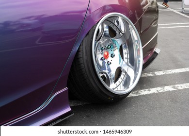 Santa Ana, California/United States - 06/08/19: This Customized Vehicle Displays Wheels At A Camber Angle