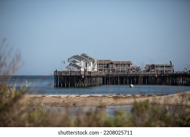 Santa Barbara, CA - April 16 2022: Seafood Restaurants On The Wooden Pier At Stearns Wharf