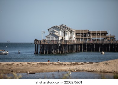 Santa Barbara, CA - April 16 2022: Seafood Restaurants On The Wooden Pier At Stearns Wharf