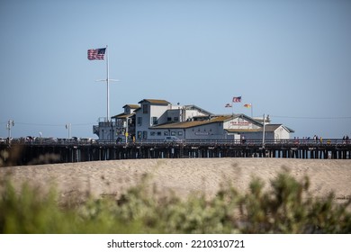 Santa Barbara, CA - April 16 2022: Seafood Restaurants On The Wooden Pier At Stearns Wharf