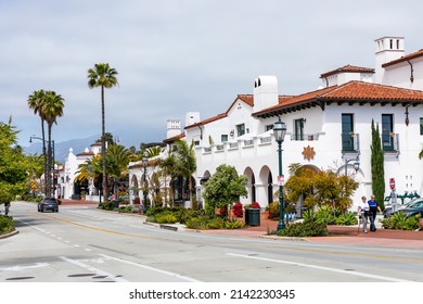 SANTA BARBARA, CA, USA - March 30, 2022: Traditional Colonial Architecture In Santa Barbara, California. USA. Popular Tourist Destination. 