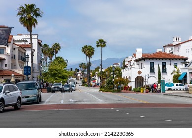 SANTA BARBARA, CA, USA - March 30, 2022: Traditional Colonial Architecture In Santa Barbara, California. USA. Popular Tourist Destination. 