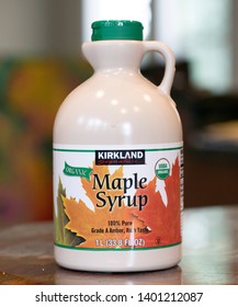 Santa Barbara, CA, USA - MAY 17, 2019: Organic Maple Syrup Kirkland Signature