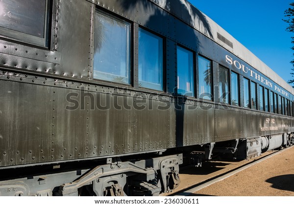 SANTA BARBARA, CALIFORNIA -\
NOV 6 2014: A classic Southern Pacific passenger train car in Santa\
Barbara, California. On display at the Santa Barbara Train\
Station.