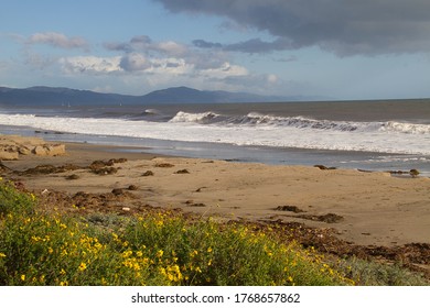 Santa Barbara, California / USA - 01-19-2010: Giant Storm Surf On West Beach In Santa Barbara