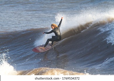 Santa Barbara, California / USA - 01-19-2010: Giant Storm Surf On West Beach In Santa Barbara