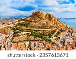 Santa Barbara Castle aerial panoramic view. Santa Barbara Castle is a fort stands on Mount Benacantil in the center of Alicante, Spain.
