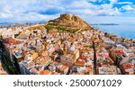 Santa Barbara Castle aerial panoramic view. Santa Barbara Castle is a fort stands on Mount Benacantil in the center of Alicante, Spain.