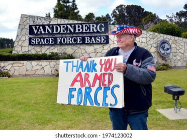 Santa Barbara County, California, USA - May 15, 2021: Bruce Melton From Orcutt, CA Greets Military Personnel At The Main Gate Of The Newly Named Vandenberg Space Force Base On Armed Forces Day 2021.