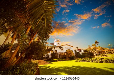 Santa Barbara County Courthouse At Sunset. Southern California, USA