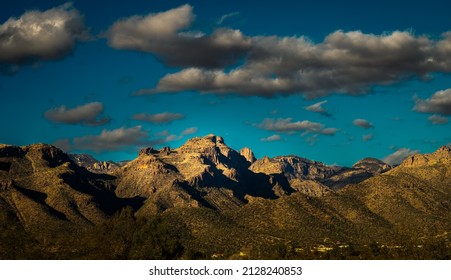 THE SANTA CATALINA MOUNTIANS WITH A CACTUS FIELD AND DARK CLOUDS IN A BLUE SKY