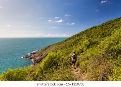FLORIANÓPOLIS / Santa Catarina / Brazil - 2015: View of the sea and the exuberant nature on one of the most famous trails in the South of the Island, in Florianópolis, the Lagoinha do Leste Trail.