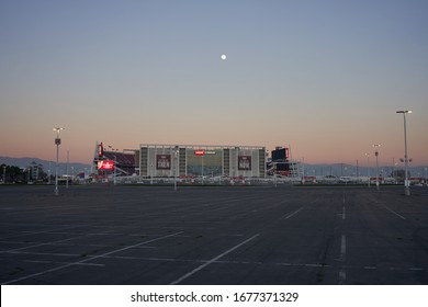 Santa Clara, CA, USA - Feb 7, 2020: The Levi's Stadium, Home Venue For The National Football League's San Francisco 49ers, Viewed From The Empty Parking Lot At Dusk.