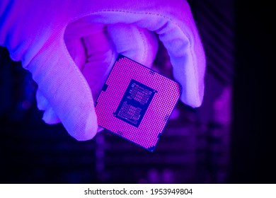 SANTA CLARA, Calif. April 12, 2021: Intel Modern Computer Chip (Intel Core Processor) In Engeneer Hand. 